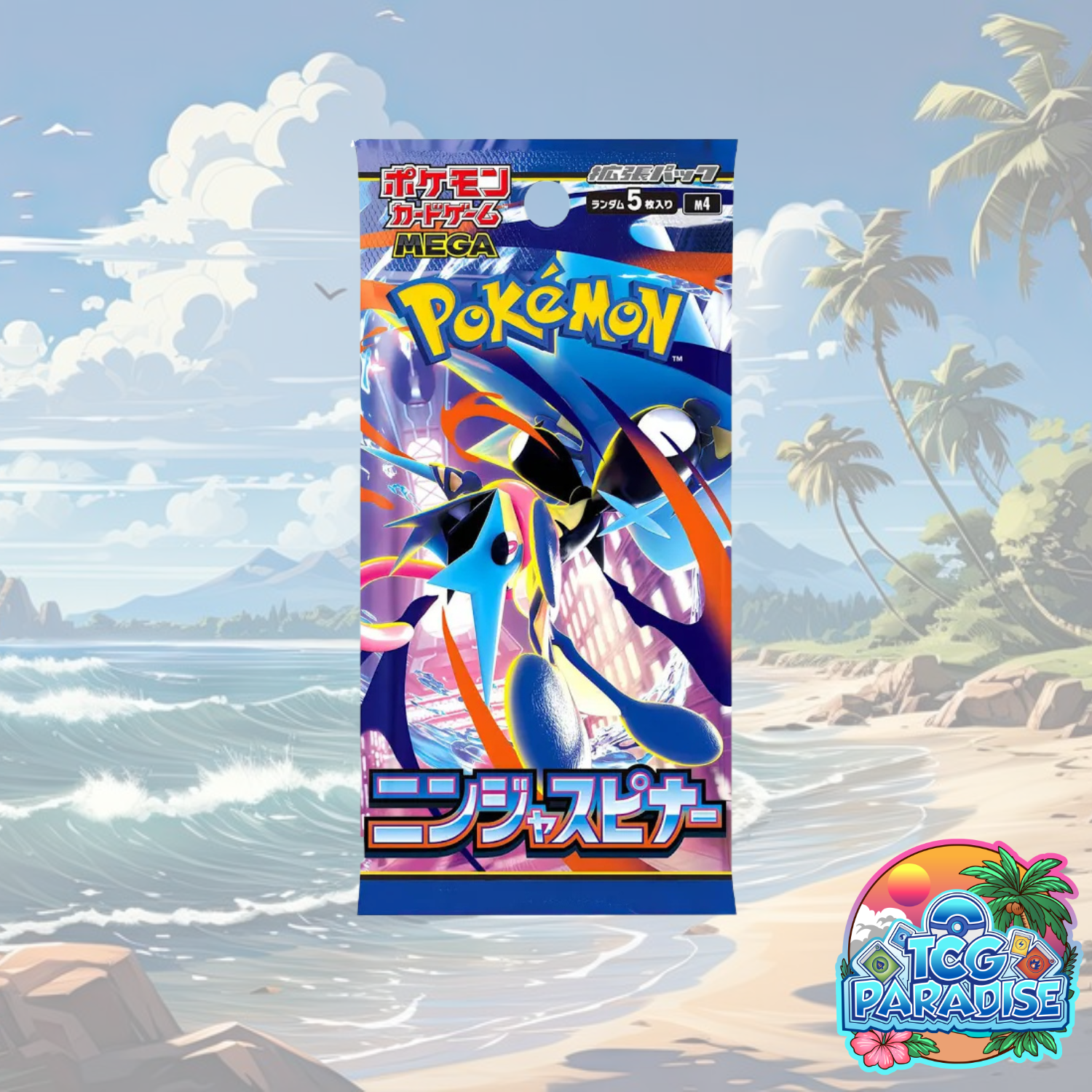 Trading card game booster pack with colorful ninja-style artwork and Mega label