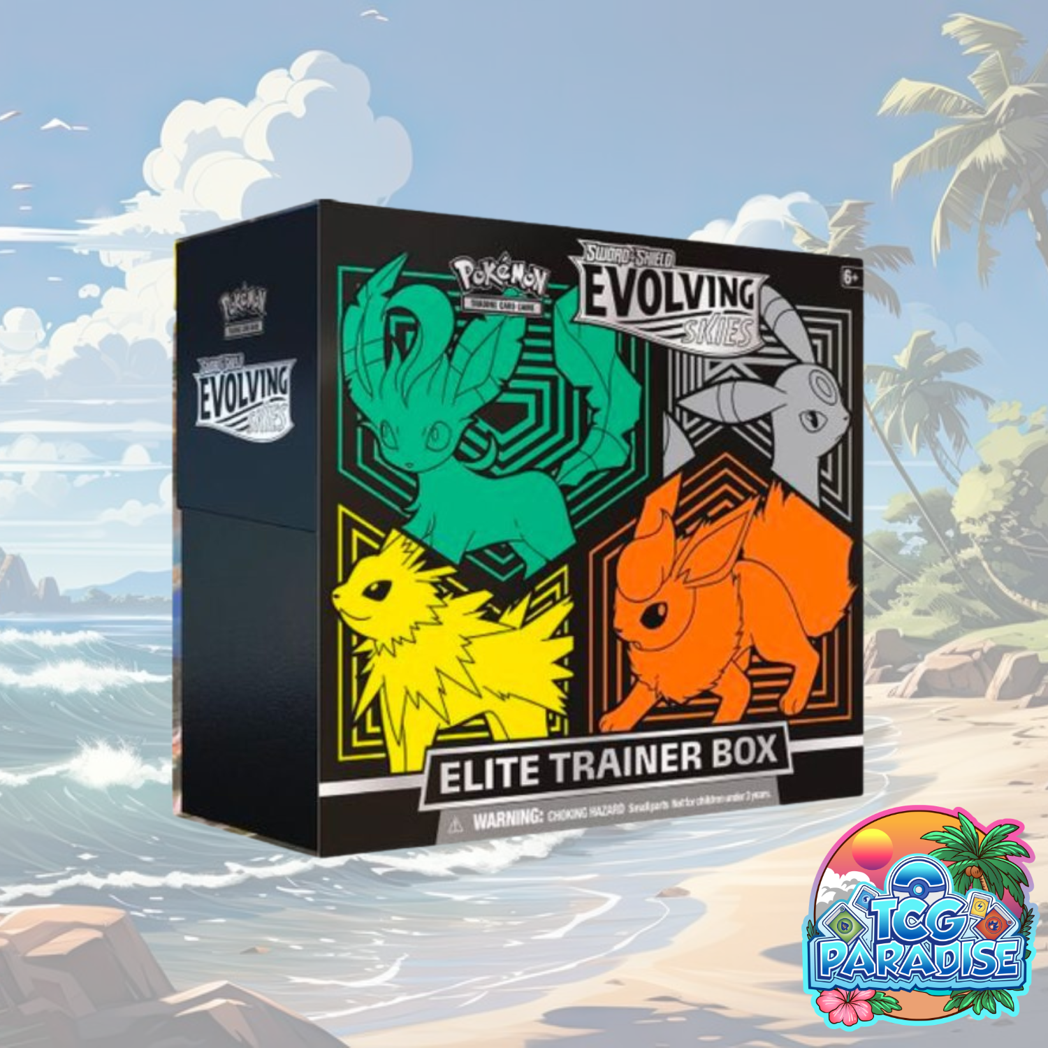 Pokémon TCG Elite Trainer Box with Leafeon, Umbreon, Jolteon, and Flareon art
