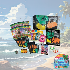 Pokémon TCG Elite Trainer Box with Eeveelution box art, booster packs, cards, dice, and sleeves