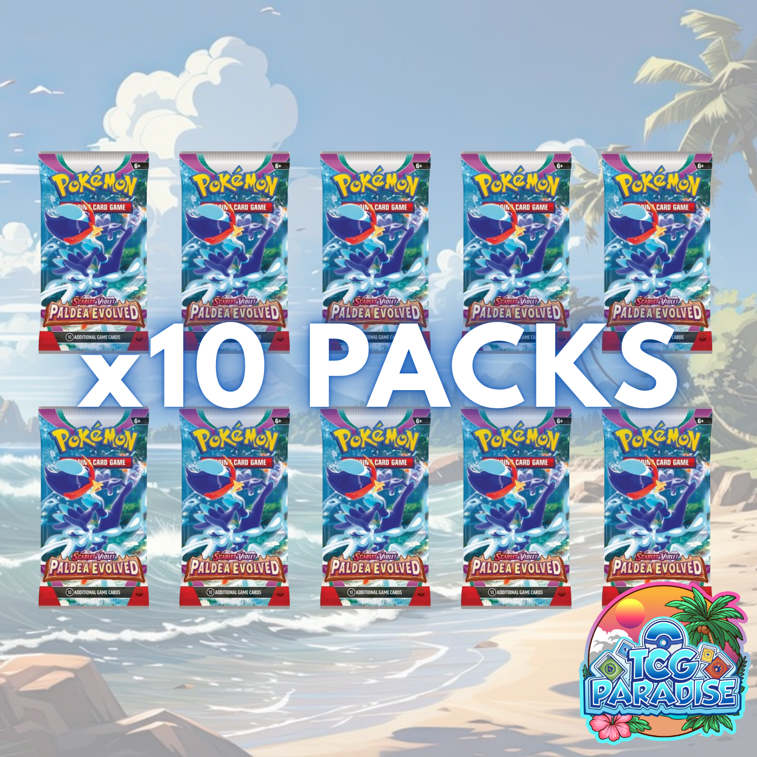Pokemon TCG 10x Paldea Evolved booster packs, shows 10 pack fronts