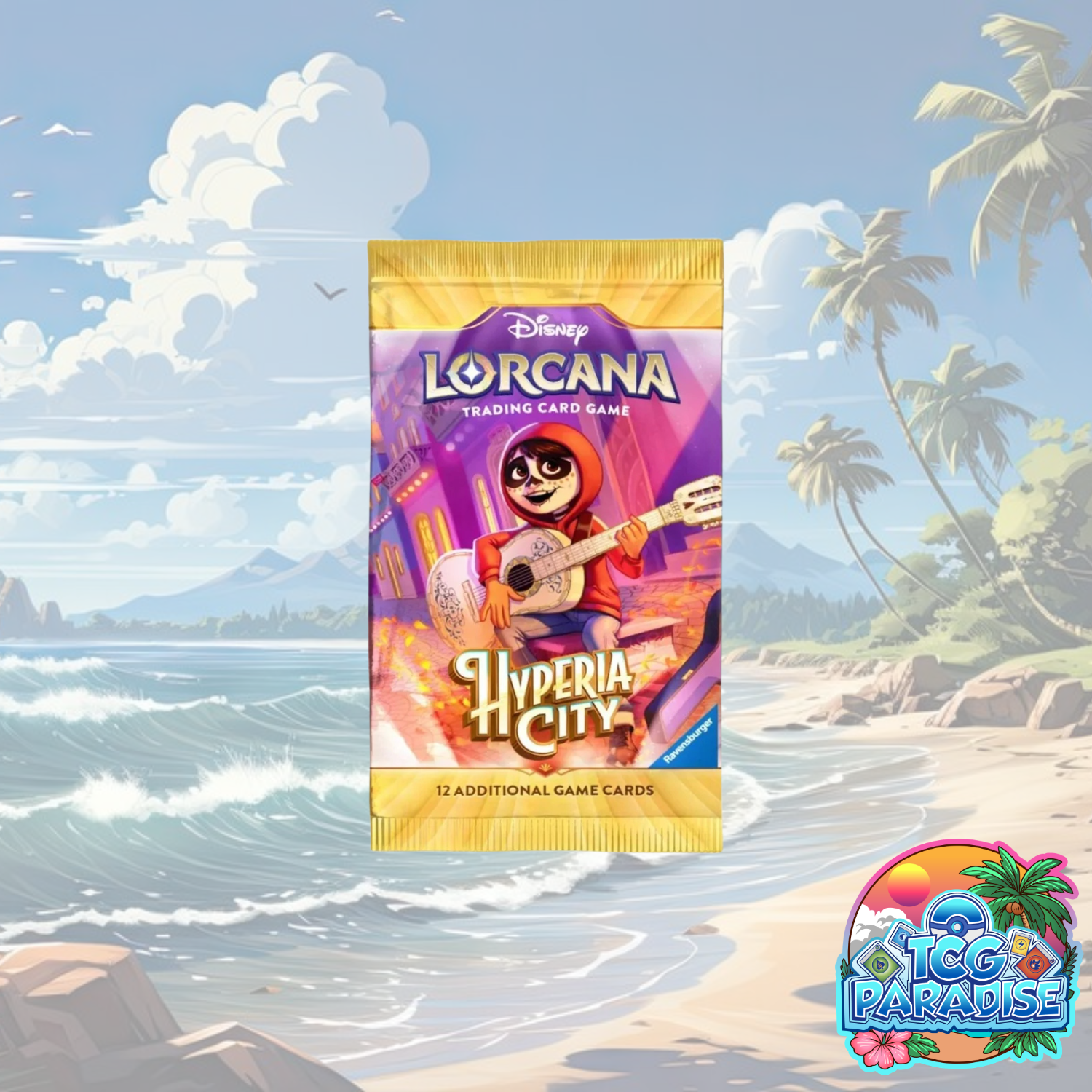 Disney Lorcana Hyperia City booster pack with guitar-playing character artwork