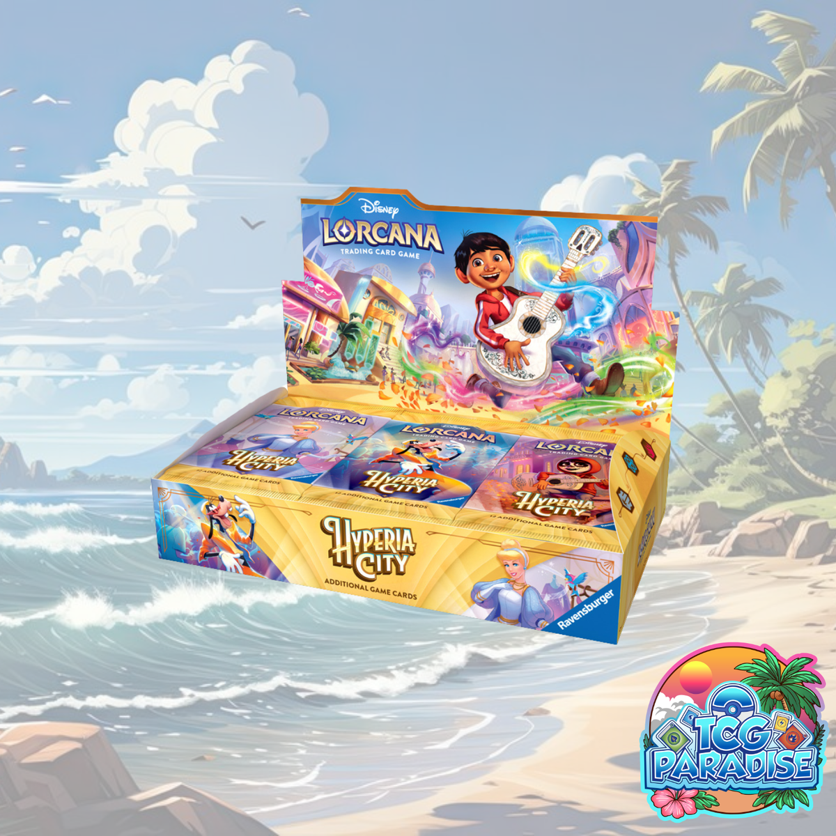 Disney Lorcana Hyperia City booster box with colorful card packs and illustrated display panel