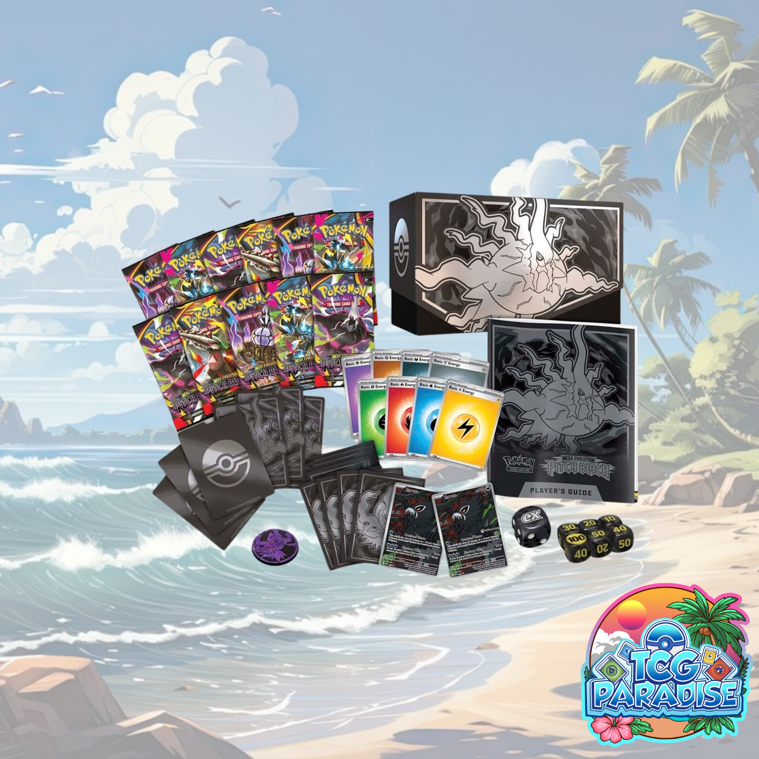 Pokemon TCG Elite Trainer Box with card packs, card sleeves, and player dice