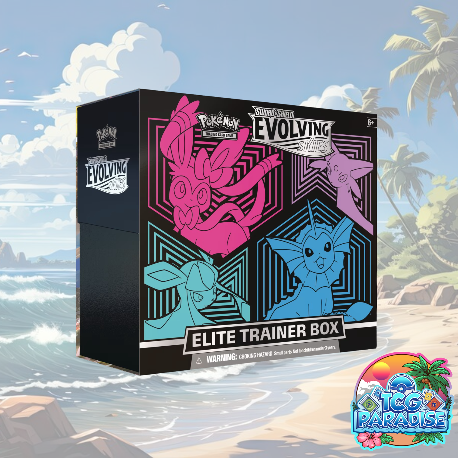 Pokemon TCG Evolving Skies Elite Trainer Box, black case with character artwork